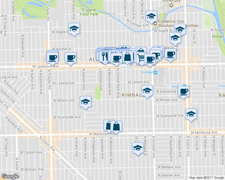 map of restaurants, bars, coffee shops, grocery stores, and more near 4624 North Central Park Avenue in Chicago