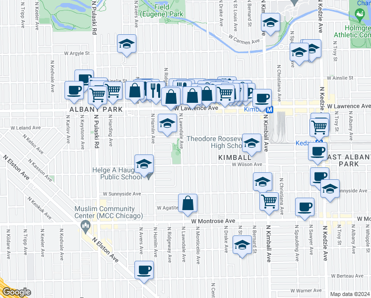 map of restaurants, bars, coffee shops, grocery stores, and more near 4624 North Monticello Avenue in Chicago