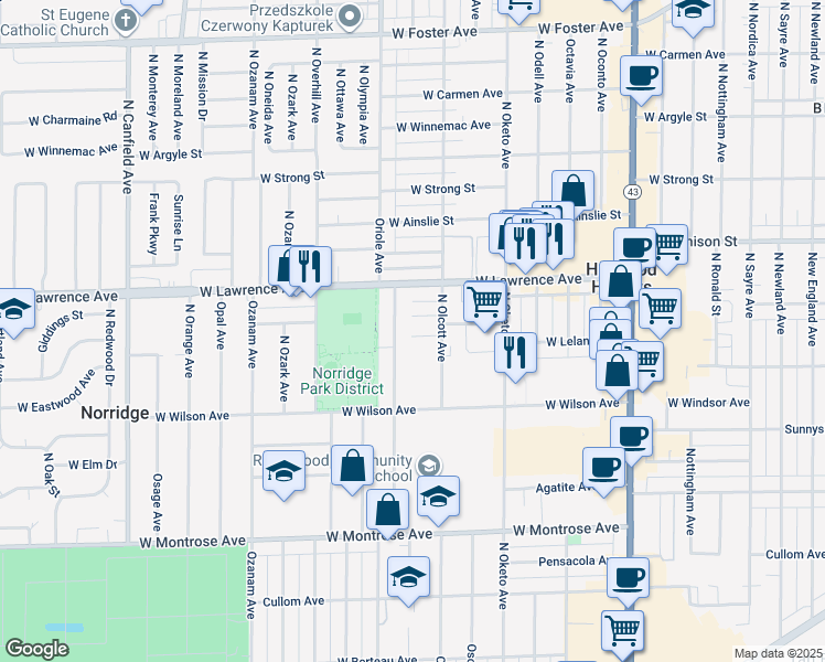map of restaurants, bars, coffee shops, grocery stores, and more near 4709 North Oriole Avenue in Norridge
