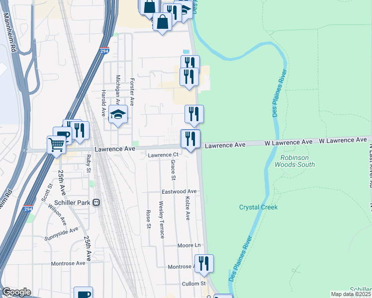 map of restaurants, bars, coffee shops, grocery stores, and more near 4741 Kolze Avenue in Schiller Park