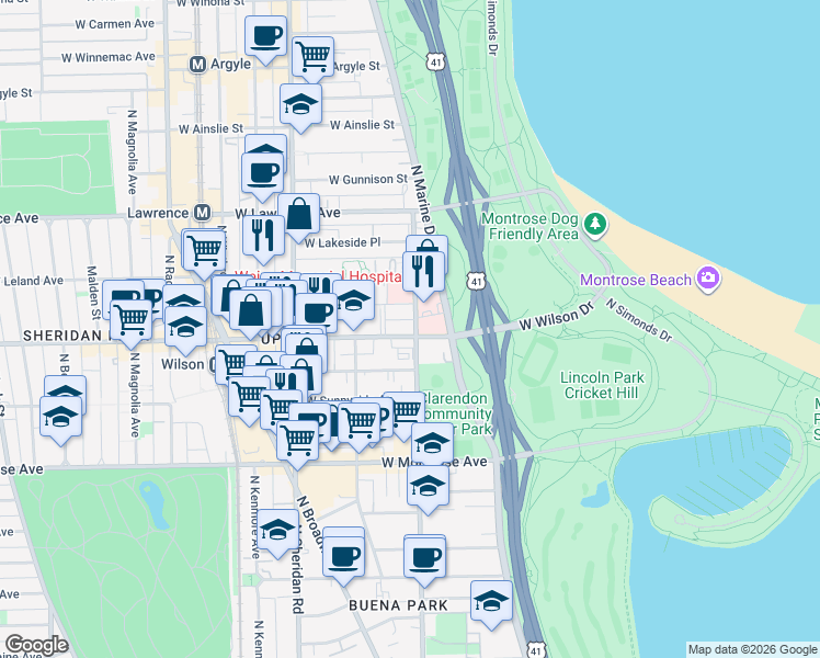 map of restaurants, bars, coffee shops, grocery stores, and more near 4600 North Clarendon Avenue in Chicago