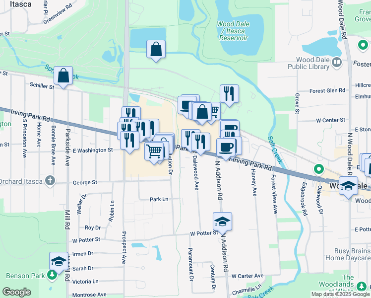 map of restaurants, bars, coffee shops, grocery stores, and more near 401 West Irving Park Road in Wood Dale