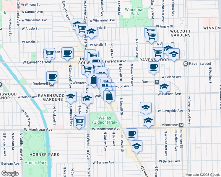 map of restaurants, bars, coffee shops, grocery stores, and more near 2237 West Eastwood Avenue in Chicago