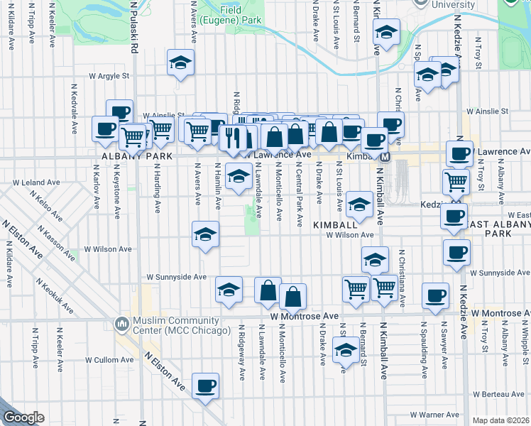 map of restaurants, bars, coffee shops, grocery stores, and more near 4633 Lawndale Avenue in Chicago