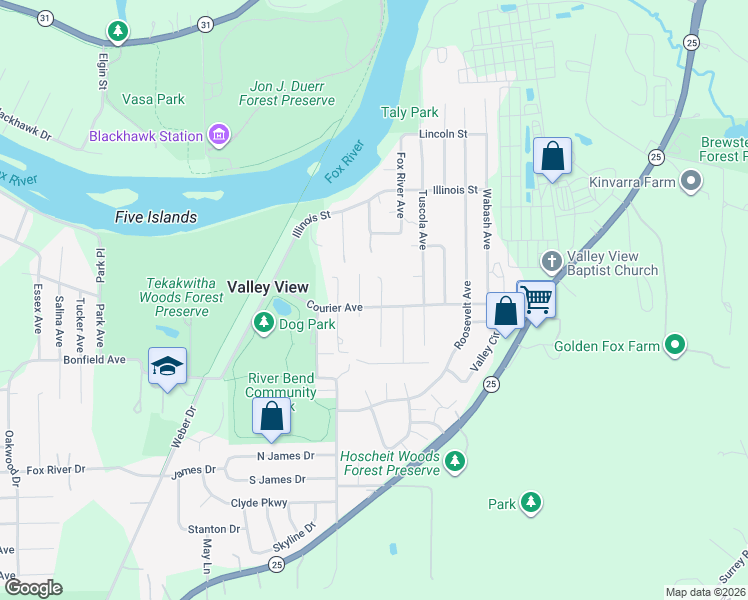 map of restaurants, bars, coffee shops, grocery stores, and more near 34W624 Courier Avenue in St. Charles