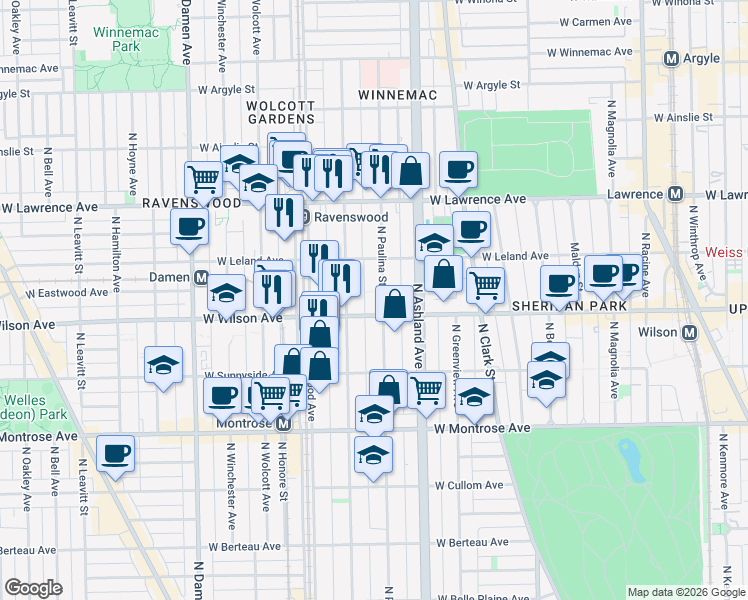 map of restaurants, bars, coffee shops, grocery stores, and more near 4614 North Paulina Street in Chicago