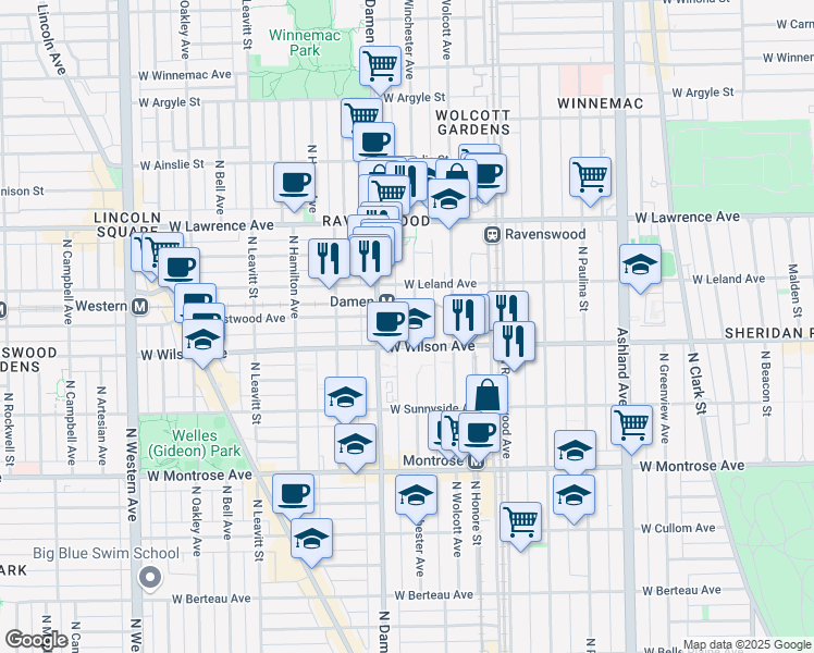 map of restaurants, bars, coffee shops, grocery stores, and more near 4610 North Winchester Avenue in Chicago