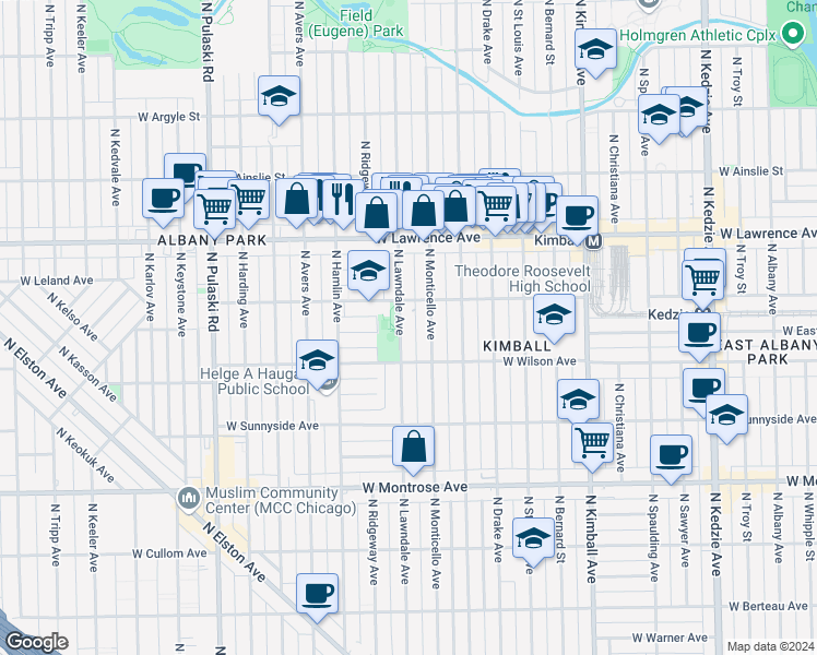 map of restaurants, bars, coffee shops, grocery stores, and more near 4633 North Lawndale Avenue in Chicago