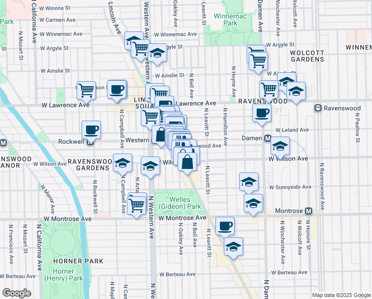map of restaurants, bars, coffee shops, grocery stores, and more near 2247 West Eastwood Avenue in Chicago
