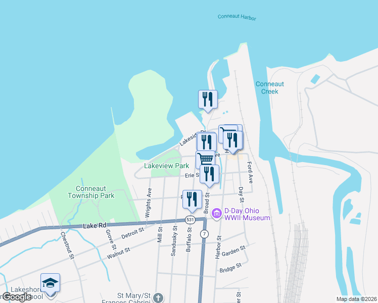 map of restaurants, bars, coffee shops, grocery stores, and more near 290 Park Avenue in Conneaut