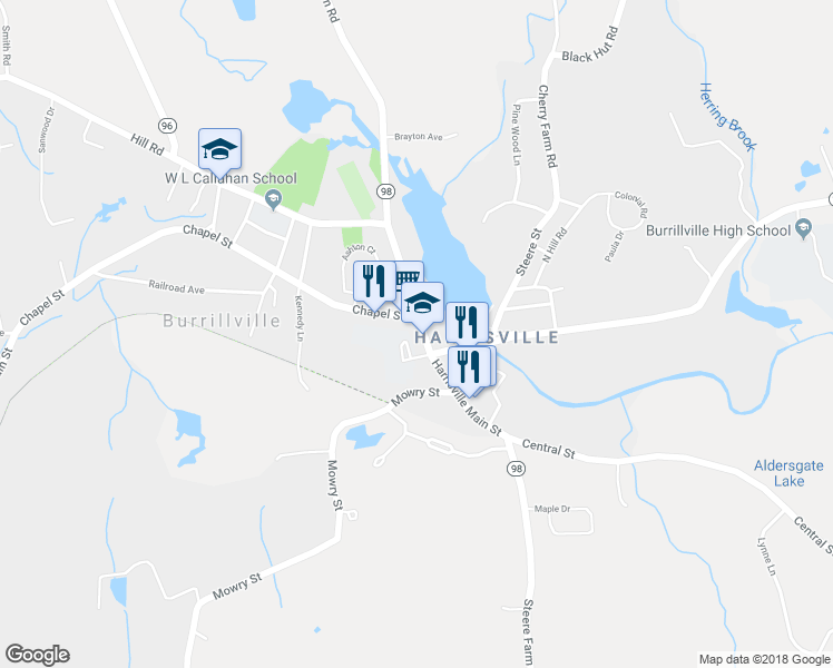 map of restaurants, bars, coffee shops, grocery stores, and more near 131 Harrisville Main Street in Burrillville