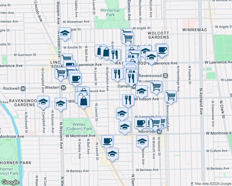 map of restaurants, bars, coffee shops, grocery stores, and more near 2103 West Eastwood Avenue in Chicago