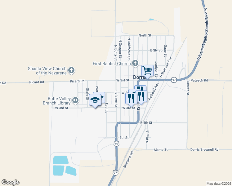 map of restaurants, bars, coffee shops, grocery stores, and more near 200 South Butte Street in Dorris