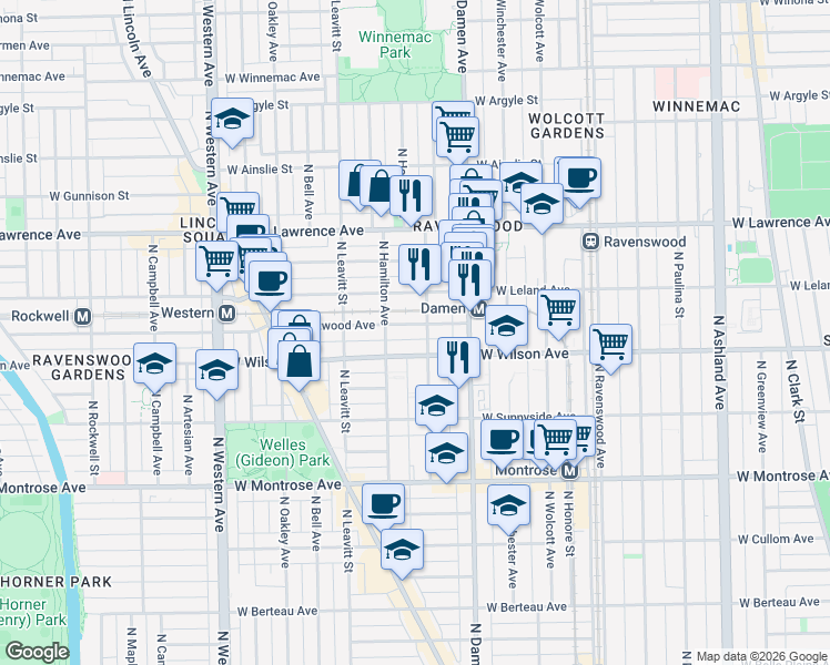 map of restaurants, bars, coffee shops, grocery stores, and more near 2109 West Eastwood Avenue in Chicago