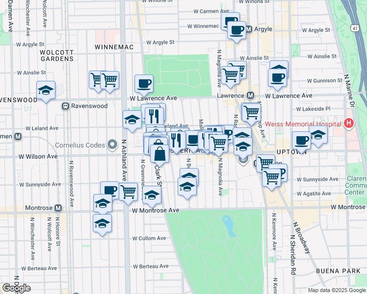 map of restaurants, bars, coffee shops, grocery stores, and more near 1352 West Wilson Avenue in Chicago