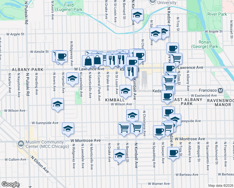 map of restaurants, bars, coffee shops, grocery stores, and more near 2 North Saint Louis Avenue in Chicago