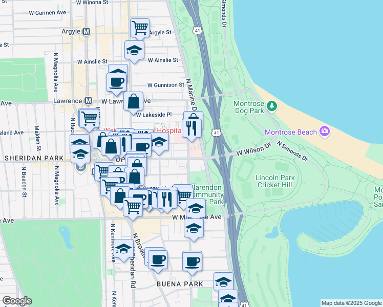 map of restaurants, bars, coffee shops, grocery stores, and more near 760 West Wilson Avenue in Chicago