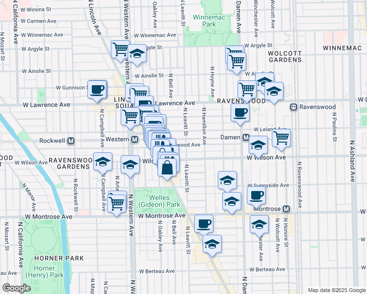 map of restaurants, bars, coffee shops, grocery stores, and more near 4612 North Leavitt Street in Chicago