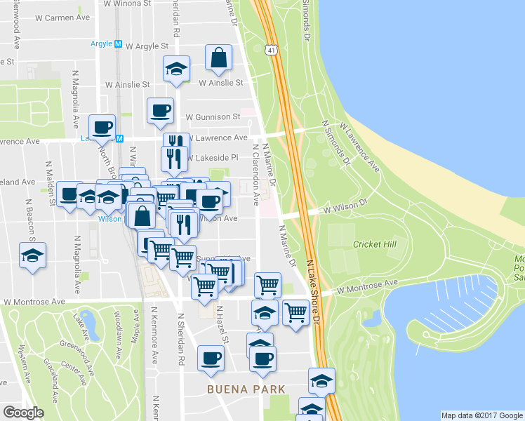 map of restaurants, bars, coffee shops, grocery stores, and more near in Chicago