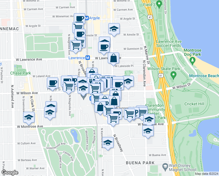 map of restaurants, bars, coffee shops, grocery stores, and more near in Chicago