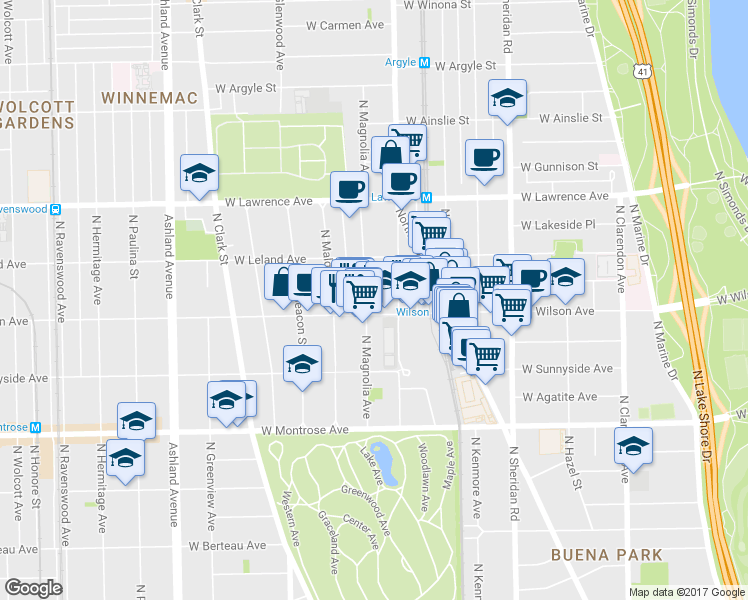 map of restaurants, bars, coffee shops, grocery stores, and more near 1200 West Wilson Avenue in Chicago