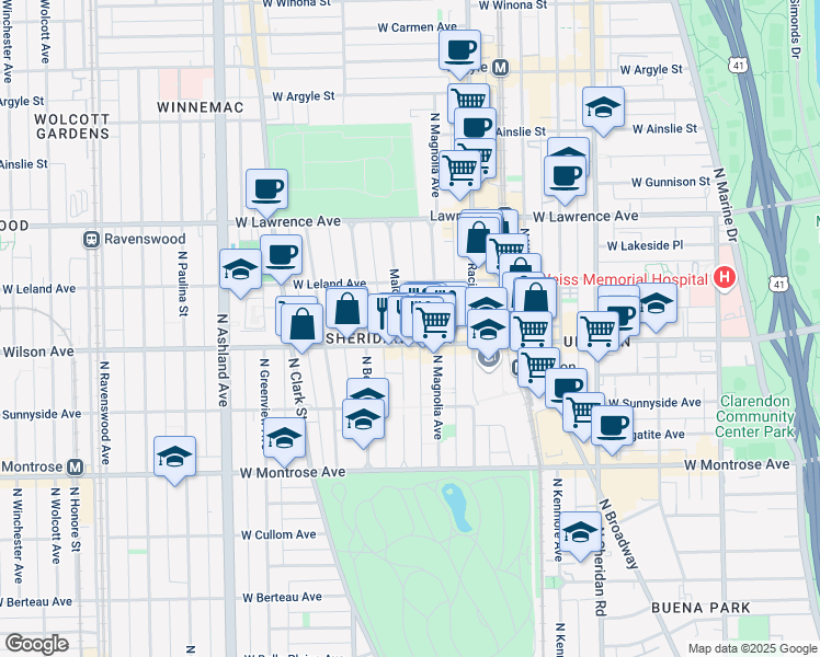 map of restaurants, bars, coffee shops, grocery stores, and more near 4600 North Magnolia Avenue in Chicago