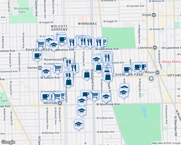 map of restaurants, bars, coffee shops, grocery stores, and more near 4613 North Paulina Street in Chicago