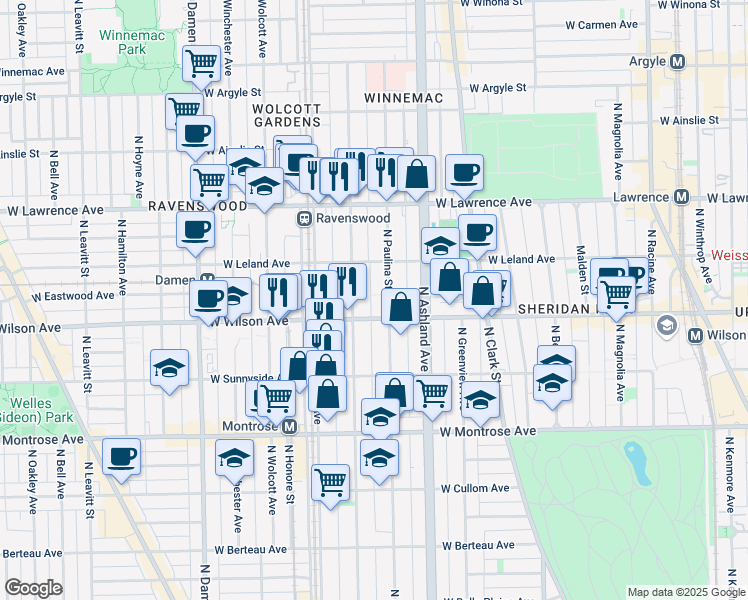 map of restaurants, bars, coffee shops, grocery stores, and more near 4605 North Hermitage Avenue in Chicago