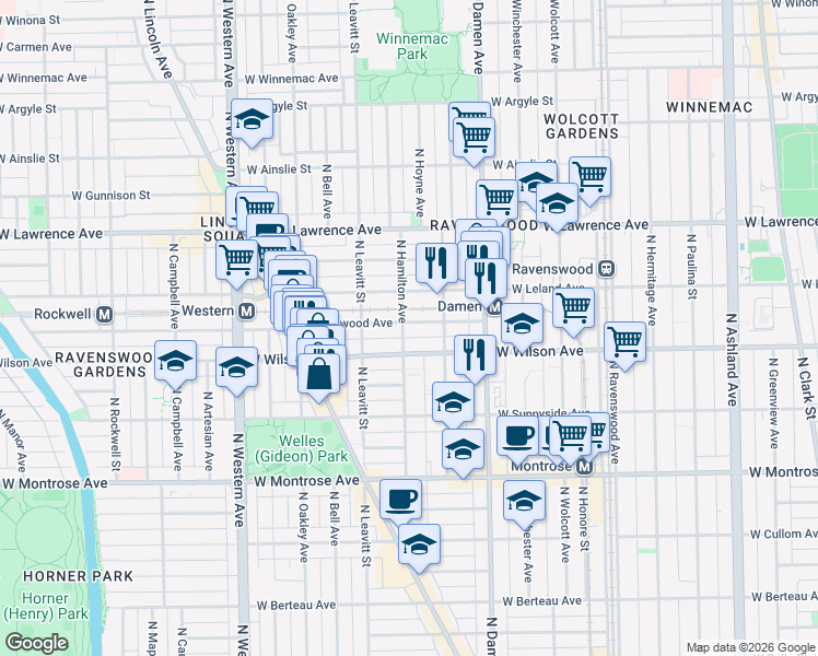 map of restaurants, bars, coffee shops, grocery stores, and more near 2149 West Eastwood Avenue in Chicago