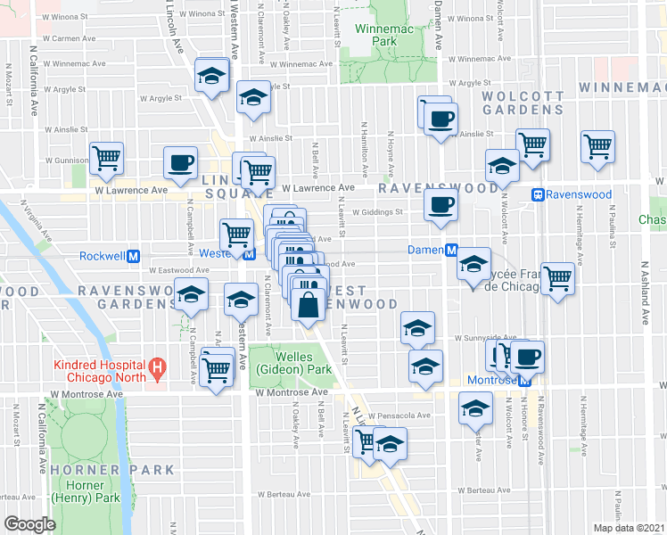 map of restaurants, bars, coffee shops, grocery stores, and more near 4612 North Leavitt Street in Chicago