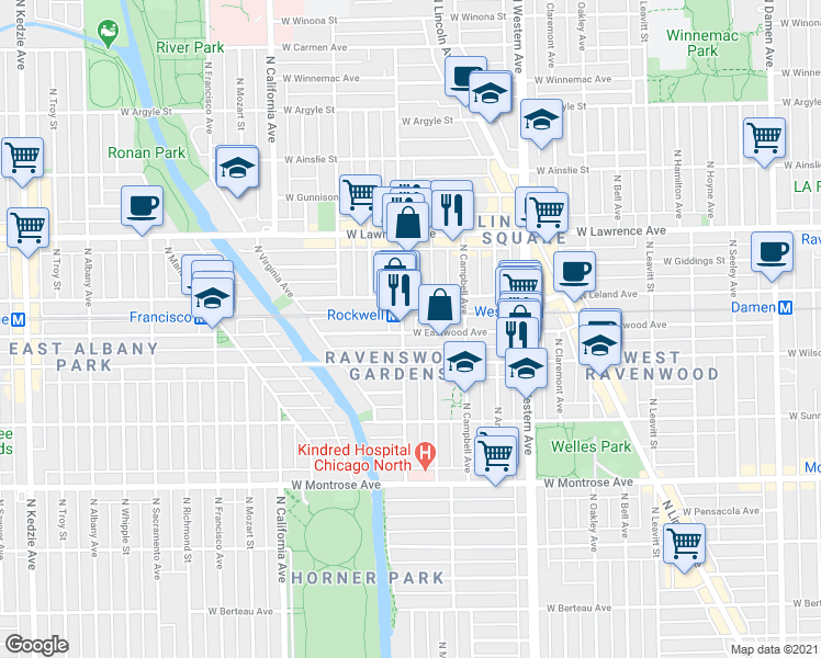 map of restaurants, bars, coffee shops, grocery stores, and more near in Chicago