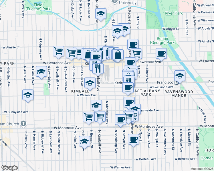 map of restaurants, bars, coffee shops, grocery stores, and more near 3341 West Eastwood Avenue in Chicago