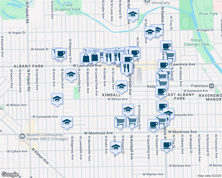 map of restaurants, bars, coffee shops, grocery stores, and more near 2 North Saint Louis Avenue in Chicago