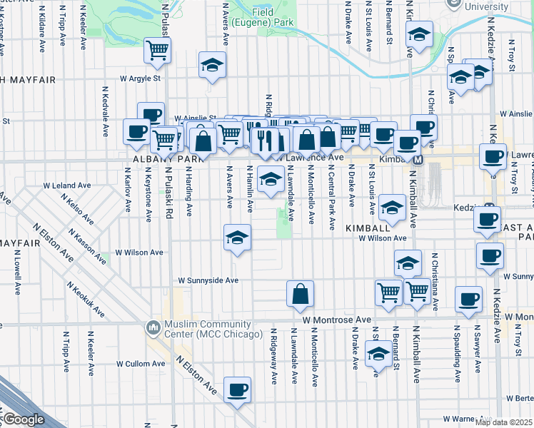 map of restaurants, bars, coffee shops, grocery stores, and more near 4656 North Lawndale Avenue in Chicago