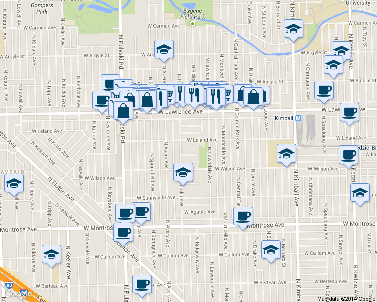 map of restaurants, bars, coffee shops, grocery stores, and more near 3757 West Eastwood Avenue in Chicago