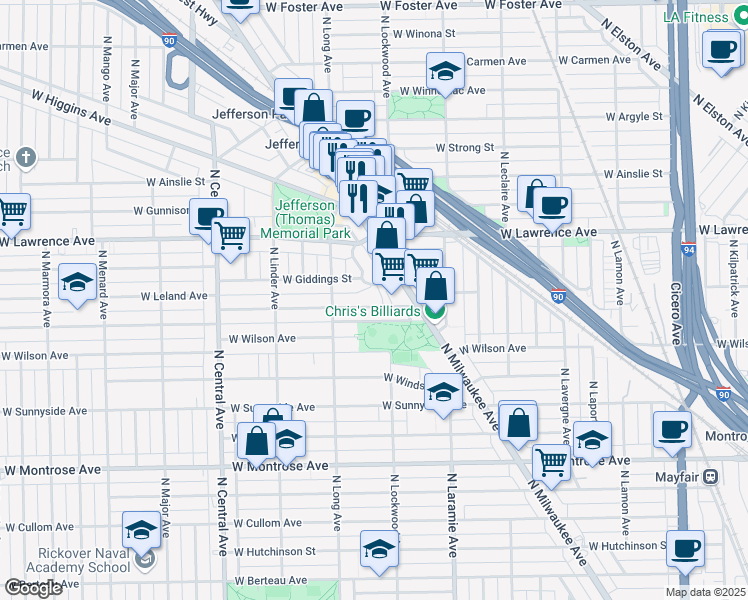map of restaurants, bars, coffee shops, grocery stores, and more near 5309 West Leland Avenue in Chicago
