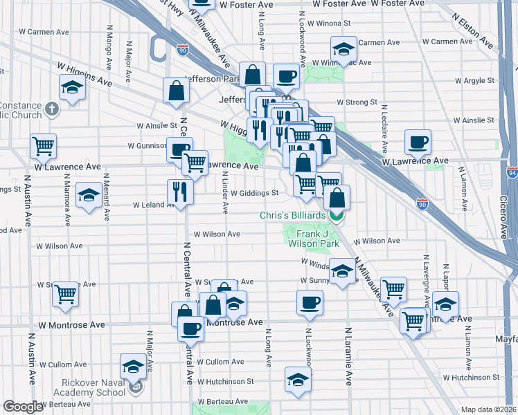 map of restaurants, bars, coffee shops, grocery stores, and more near 5421 West Leland Avenue in Chicago