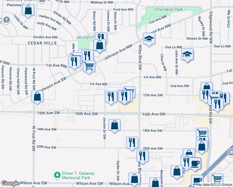 map of restaurants, bars, coffee shops, grocery stores, and more near 1225 Jacolyn Drive Southwest in Cedar Rapids