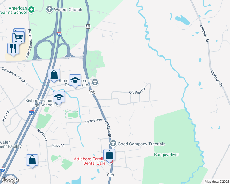 map of restaurants, bars, coffee shops, grocery stores, and more near 21 Old Farm Lane in Attleboro