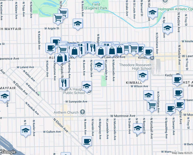 map of restaurants, bars, coffee shops, grocery stores, and more near 3757 West Eastwood Avenue in Chicago