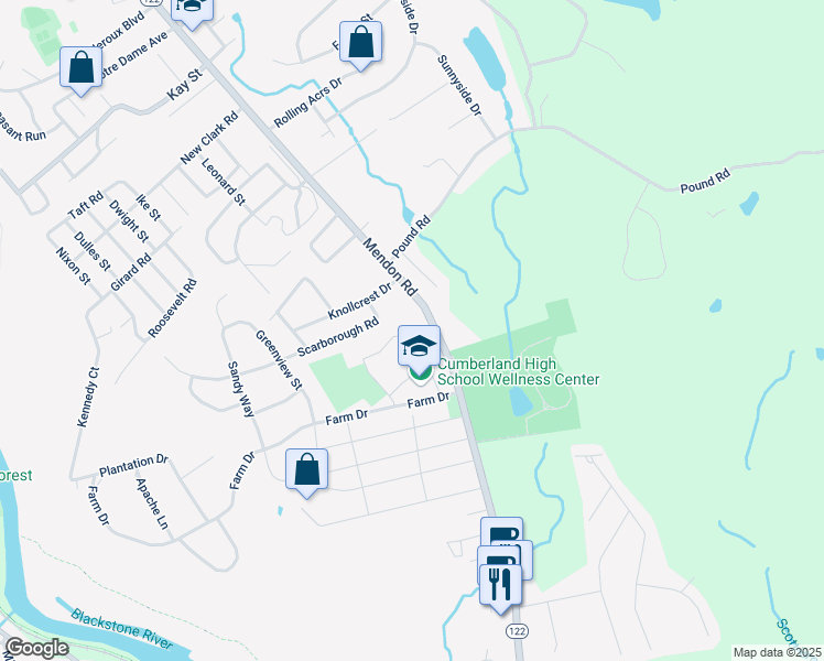 map of restaurants, bars, coffee shops, grocery stores, and more near 2600 Mendon Road in Cumberland