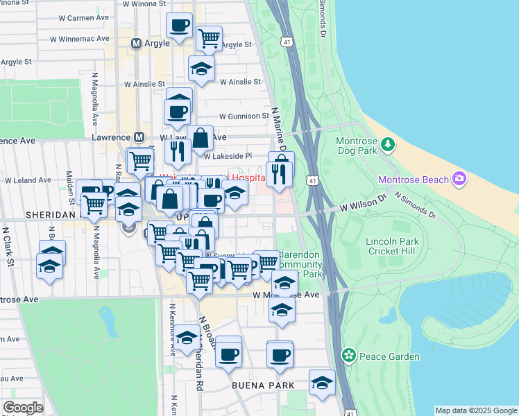 map of restaurants, bars, coffee shops, grocery stores, and more near 826 West Wilson Avenue in Chicago