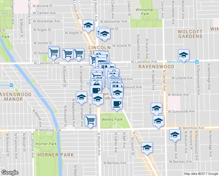 map of restaurants, bars, coffee shops, grocery stores, and more near 2309 West Eastwood Avenue in Chicago