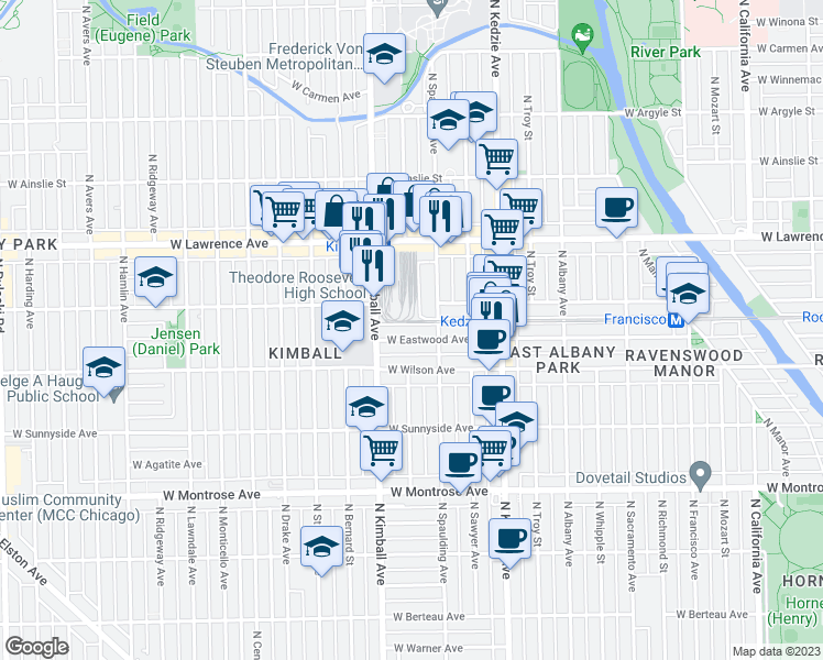 map of restaurants, bars, coffee shops, grocery stores, and more near 3324 West Eastwood Avenue in Chicago