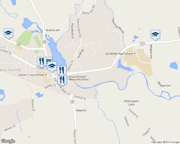 map of restaurants, bars, coffee shops, grocery stores, and more near 175 East Avenue in Burrillville