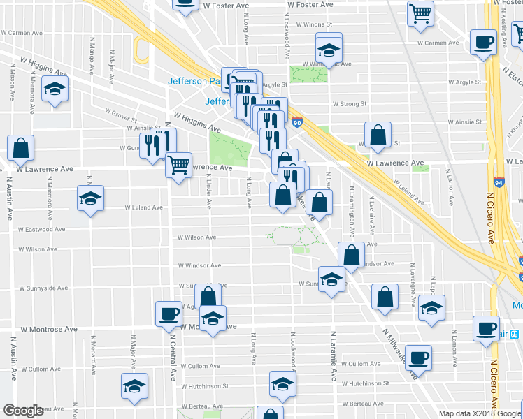 map of restaurants, bars, coffee shops, grocery stores, and more near 5342 West Leland Avenue in Chicago