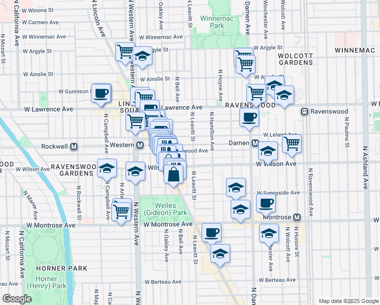 map of restaurants, bars, coffee shops, grocery stores, and more near 4612 North Leavitt Street in Chicago