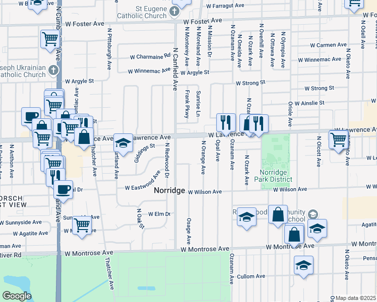 map of restaurants, bars, coffee shops, grocery stores, and more near 4750 North Orange Avenue in Norridge