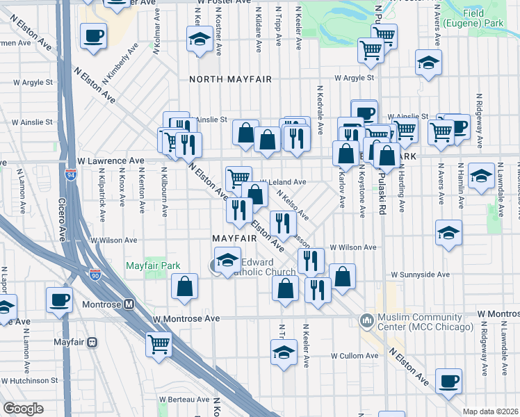 map of restaurants, bars, coffee shops, grocery stores, and more near 4686 N Kasson Ave in Chicago