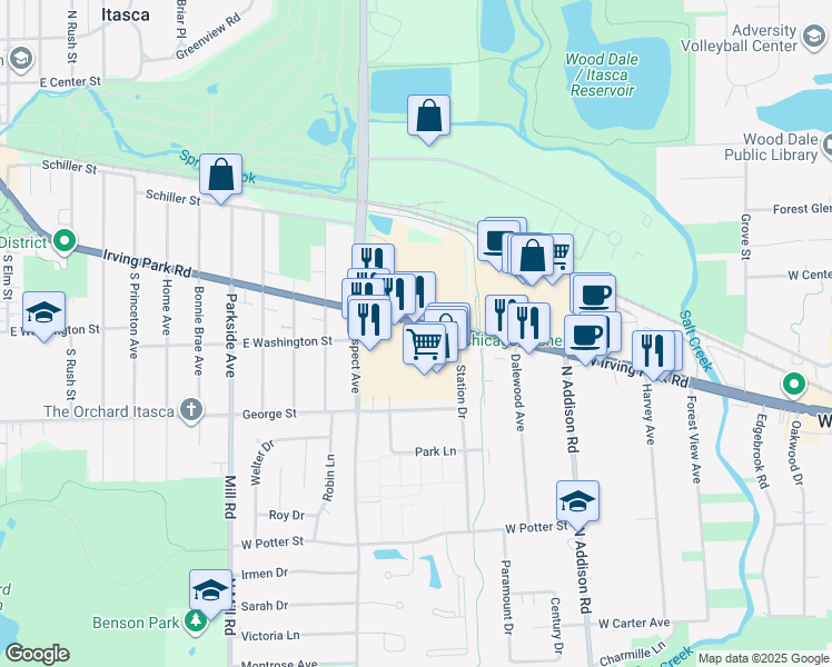 map of restaurants, bars, coffee shops, grocery stores, and more near 467 Georgetown Square in Wood Dale